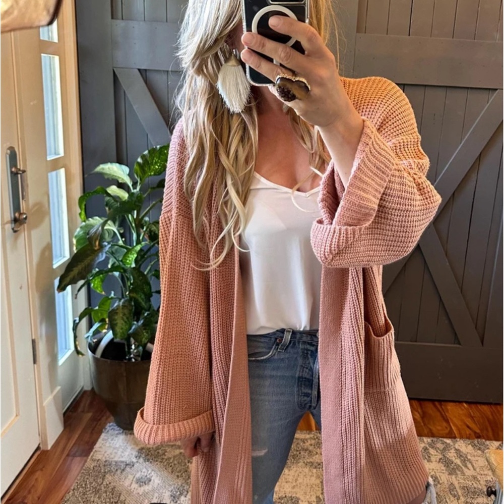 New Womens Oversized Knit Cardigan Sweater Cotton Blush Pink Crochet Yarn - Picture 2 of 10